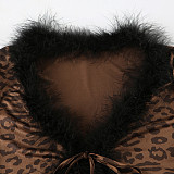 Sexy New Furry Patchwork Lace-up Cardigan Long-sleeved Top Leopard Print Skirt Suit MRA-25777