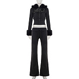 Furry Long-sleeved Zippered Sweatshirt Jacket and Rhinestone Sweatpants Two-piece Set MRA-37916