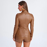Autumn and Winter Half-high Collar Zipper Slit Leather Jacket High Waist Hip Shorts Suit XYWL-25ST331