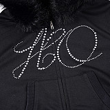 Furry Long-sleeved Zippered Sweatshirt Jacket and Rhinestone Sweatpants Two-piece Set MRA-37916