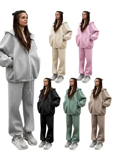 Solid Color Loose Zipper Cardigan Hooded Sweatshirt Trousers Set SSN-211509