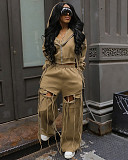 Casual Hooded Zipper Sweatshirt Wide-Leg Ripped Personality Two-Piece Set NY-3766