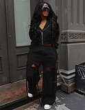 Casual Hooded Zipper Sweatshirt Wide-Leg Ripped Personality Two-Piece Set NY-3766