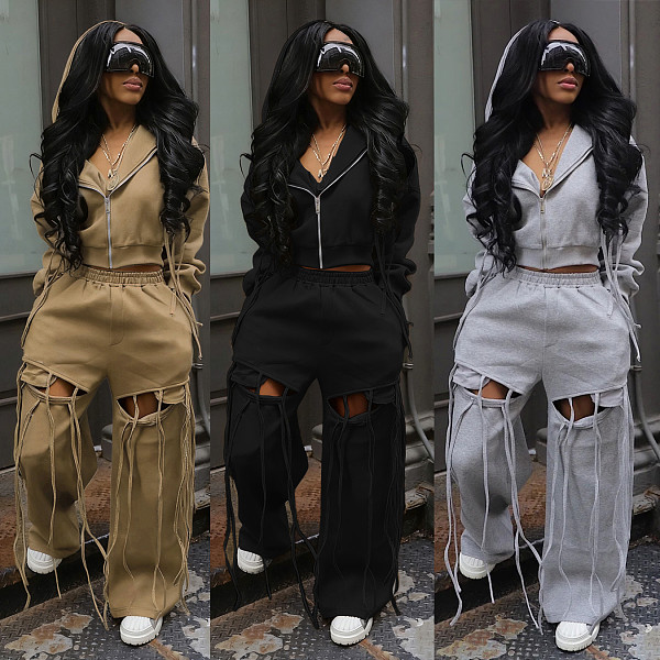 Casual Hooded Zipper Sweatshirt Wide-Leg Ripped Personality Two-Piece Set NY-3766