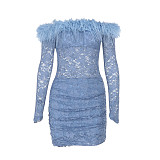 Sexy Fur Neckline Slim Lace Hip Dress FL-25266