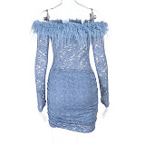 Sexy Fur Neckline Slim Lace Hip Dress FL-25266