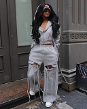 Casual Hooded Zipper Sweatshirt Wide-Leg Ripped Personality Two-Piece Set NY-3766