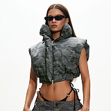 Camouflage Stand Collar Sleeveless Short Zipper Bat-shaped Cotton Jacket XYWL-25TP370