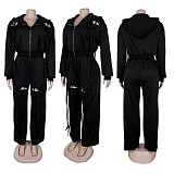 Casual Hooded Zipper Sweatshirt Wide-Leg Ripped Personality Two-Piece Set NY-3766