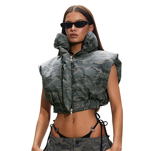 Camouflage Stand Collar Sleeveless Short Zipper Bat-shaped Cotton Jacket XYWL-25TP370