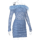 Sexy Fur Neckline Slim Lace Hip Dress FL-25266
