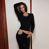 Sexy Metal Ring Button Top and Pants Suit SUM-25324