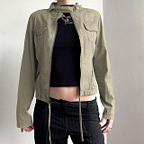 Retro Motorcycle Style Small Pocket Split Zipper Cardigan Work Jacket  MRA-19605