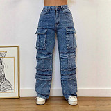 Fashionable Street Style Casual Denim Overalls With Diamond Pockets ORY-5276