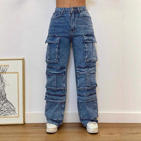 Fashionable Street Style Casual Denim Overalls With Diamond Pockets ORY-5276