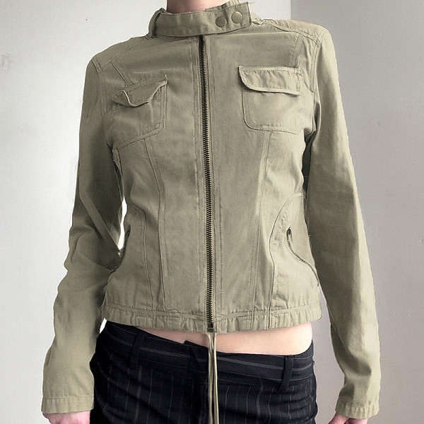 Retro Motorcycle Style Small Pocket Split Zipper Cardigan Work Jacket  MRA-19605