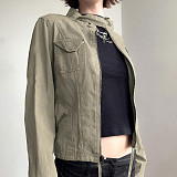 Retro Motorcycle Style Small Pocket Split Zipper Cardigan Work Jacket  MRA-19605