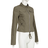 Retro Motorcycle Style Small Pocket Split Zipper Cardigan Work Jacket  MRA-19605