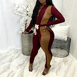 Fashionable Colorblock Cardigan Zipper Trousers Long Sleeve Two-piece Set HMS-6513