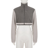 Stand Collar Drawstring Zipper Cropped Long-sleeved Cardigan Fleece Jacket MRA-24109