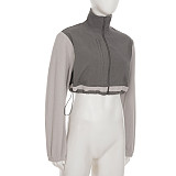 Stand Collar Drawstring Zipper Cropped Long-sleeved Cardigan Fleece Jacket MRA-24109