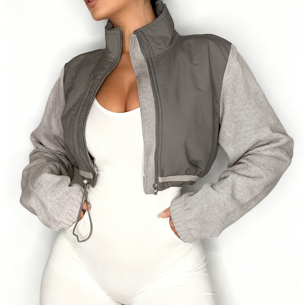 Stand Collar Drawstring Zipper Cropped Long-sleeved Cardigan Fleece Jacket MRA-24109