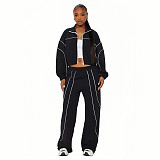 Fashionable Casual Wide-leg Line Color-blocked Stand-collar Two-piece Set YD-8839