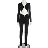Sexy V-neck Metal Butterfly Button Splicing Hollow Navel-exposed Pleated Pants Suit