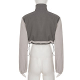 Stand Collar Drawstring Zipper Cropped Long-sleeved Cardigan Fleece Jacket MRA-24109