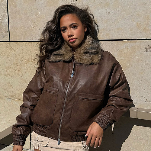Fur Collar Stitching Zipper Brown Leather Loose Pocket Versatile Motorcycle Jacket MRA-43808