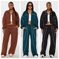 Fashionable Casual Wide-leg Line Color-blocked Stand-collar Two-piece Set YD-8839 Fashionable Casual Wide-leg Line Color-blocked Stand-collar Two-piece Set YD-8839