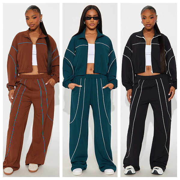 Fashionable Casual Wide-leg Line Color-blocked Stand-collar Two-piece Set YD-8839