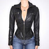 Fashionable Slim Waist Lapel Leather Patchwork Zipper Jacket MRA-43025
