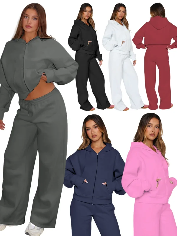 Casual Loose Solid Color Hooded Zipper Cardigan and Trousers Two-piece Set SSN-211512