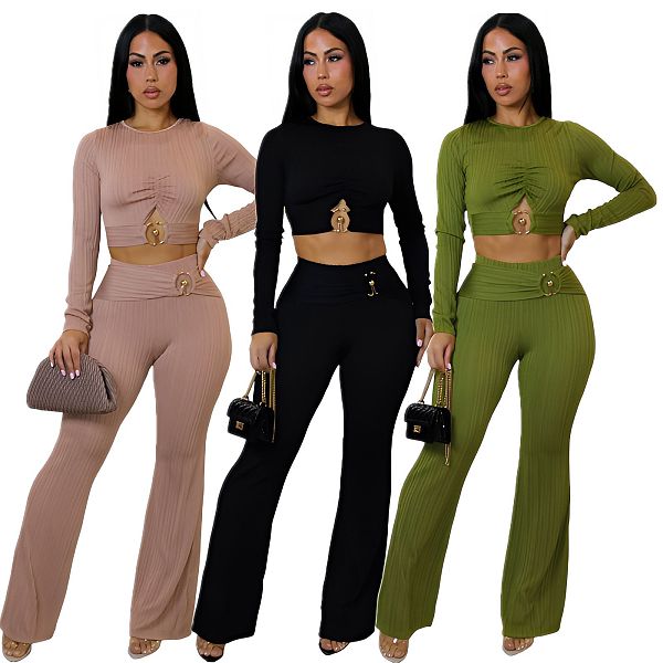 Sexy Slim Fit Hollow-Out Top and Bootcut Pants Two-Piece Set GZDM-2540