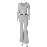 Fashionable Midriff-baring Long-sleeved Top With Waist-cinching Solid Color Wide-leg Pants Suit BLG-20181