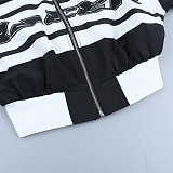 Trendy Letter Print Contrast Color Long Sleeve Stand Collar Jacket Top SUM-25259