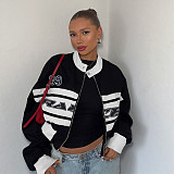 Trendy Letter Print Contrast Color Long Sleeve Stand Collar Jacket Top SUM-25259