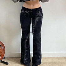 Casual Rhinestone Floral and Starry Sky Print Woven Flared Trousers MRA-43296