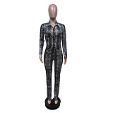 Sexy Slim-fit Mesh Printed Stretch Trousers Suit