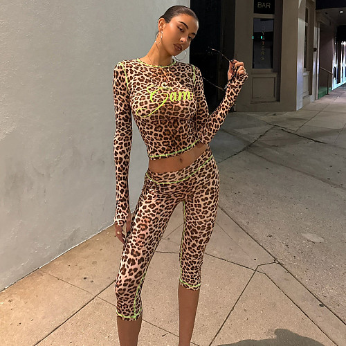 Fashionable Street Leopard Print Long-sleeved Slim-fitting Midriff-baring Pants Suit ZJQD-83878