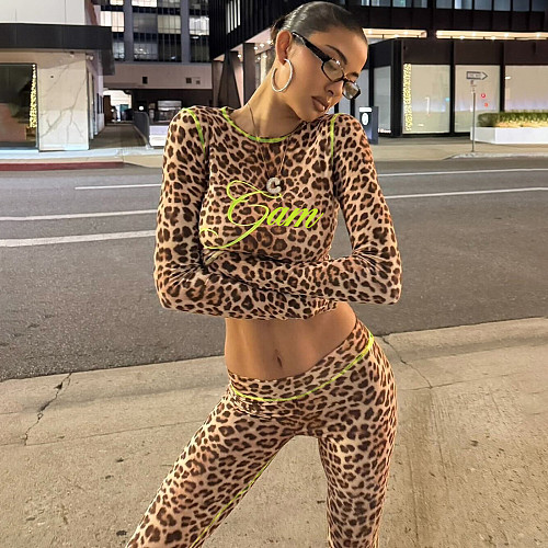 Fashionable Street Leopard Print Long-sleeved Slim-fitting Midriff-baring Pants Suit ZJQD-83878
