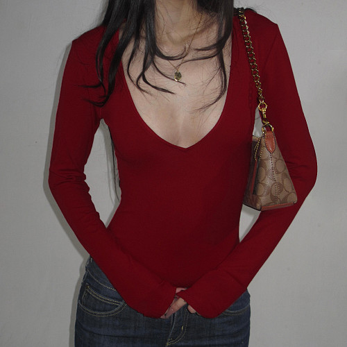 Solid Color Design V-neck Slim Long-sleeved Jumpsuit T-shirt Top MRA-42832