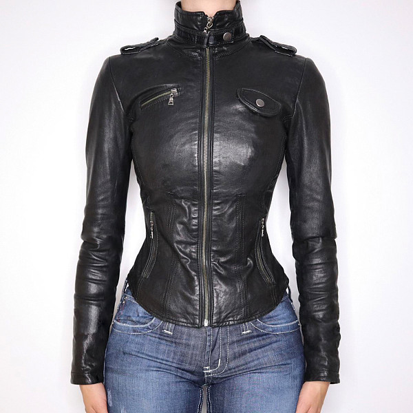 Fashionable Slim Waist Lapel Leather Patchwork Zipper Jacket MRA-43025