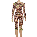Fashionable Street Leopard Print Long-sleeved Slim-fitting Midriff-baring Pants Suit ZJQD-83878