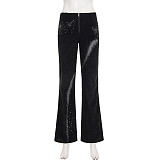 Casual Rhinestone Floral and Starry Sky Print Woven Flared Trousers MRA-43296
