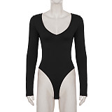 Solid Color Design V-neck Slim Long-sleeved Jumpsuit T-shirt Top MRA-42832