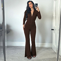 Solid Color Personality Temperament V-neck Tight Pleated Patchwork Slim Jumpsuit ZJQD-83304