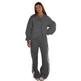 Casual Loose Solid Color Hooded Zipper Cardigan Women's Drawstring Trousers Suit
