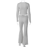Fashionable Midriff-baring Long-sleeved Top With Waist-cinching Solid Color Wide-leg Pants Suit BLG-20181